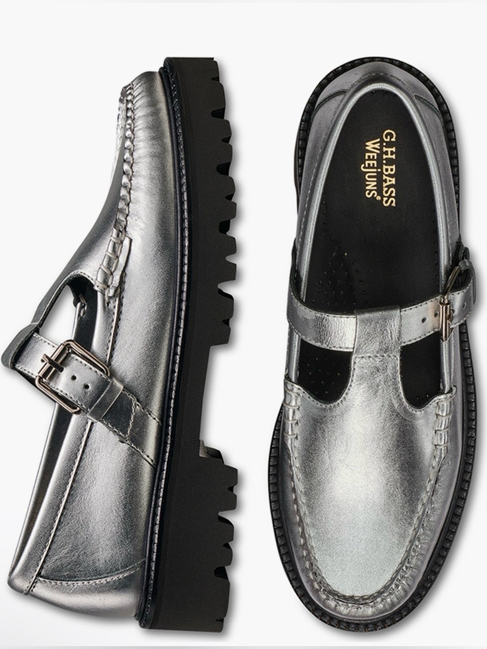 G.H. Bass & Co. Women’s Metallic Silver T-Strap Lug-Sole Loafers Size 10